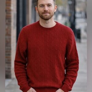 J. CREW FACTORY MENS LAMBS WOOL CABLE KNIT CREW NECK SWEATER RED SIZE LARGE